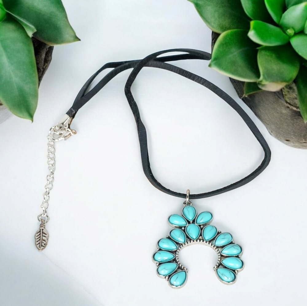 Blue Silver Crescent Naja Medallion Leather Cord Necklace Coastal Cowgirl 1970s